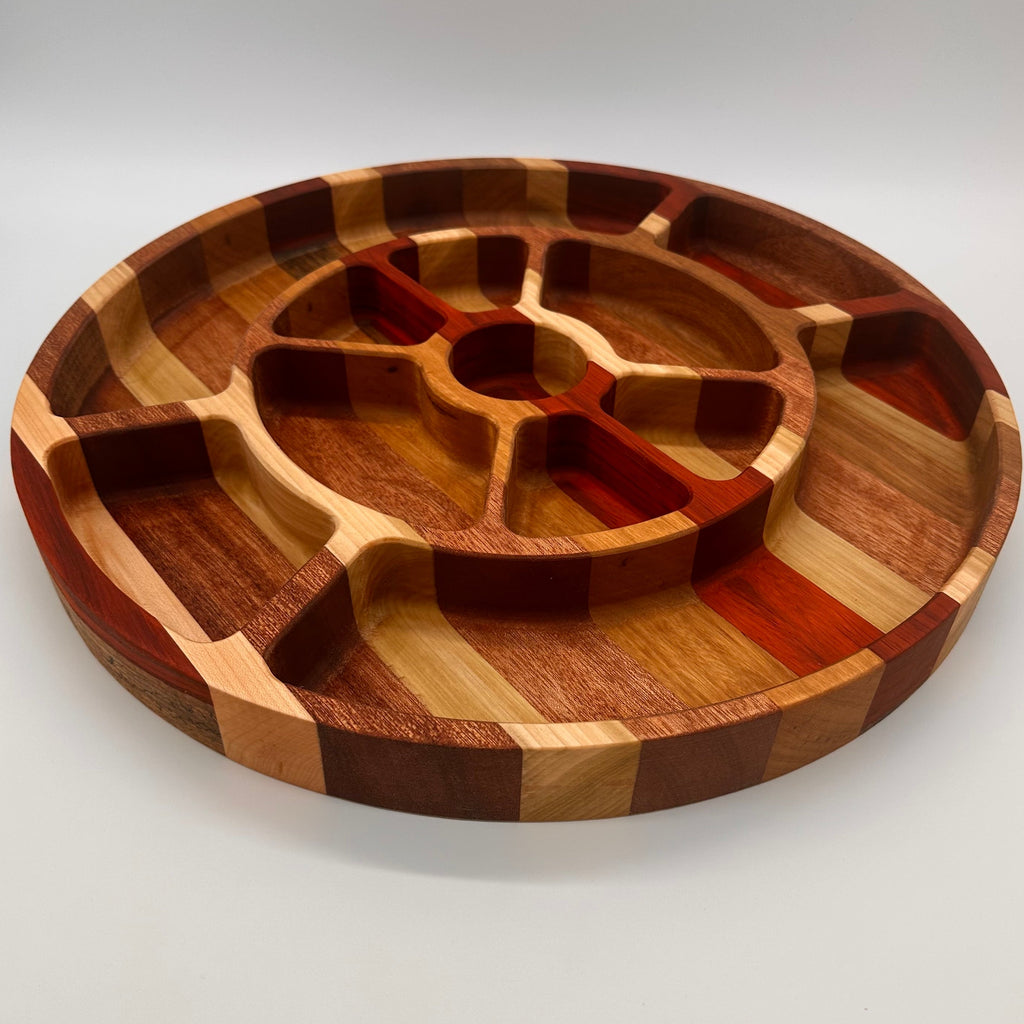 Wooden cutting board with a unique design on a white background