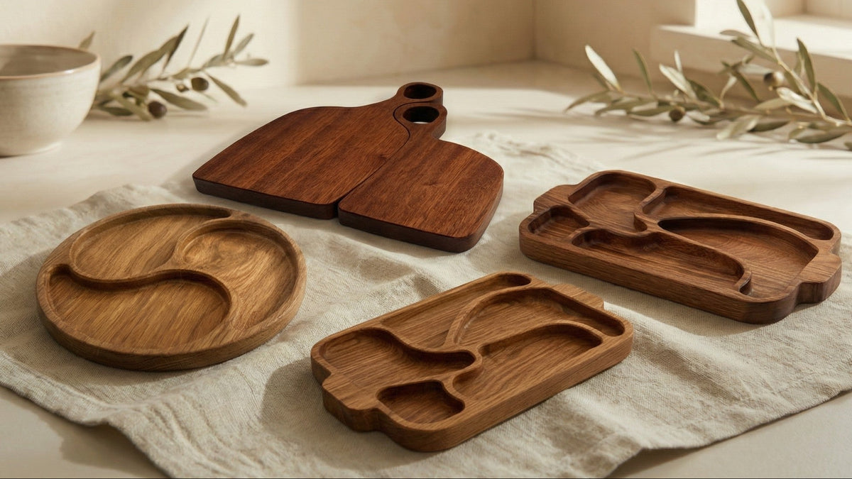 Set of wooden trays on a light fabric surface with a neutral background