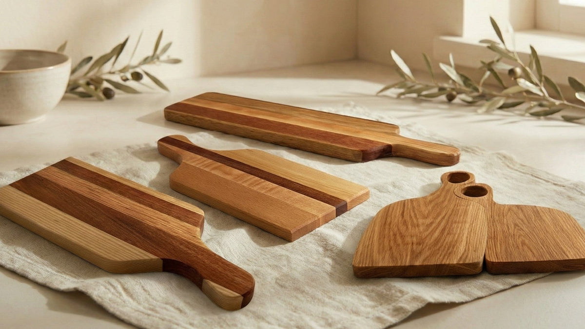 Set of wooden cutting boards on a light surface with a neutral background