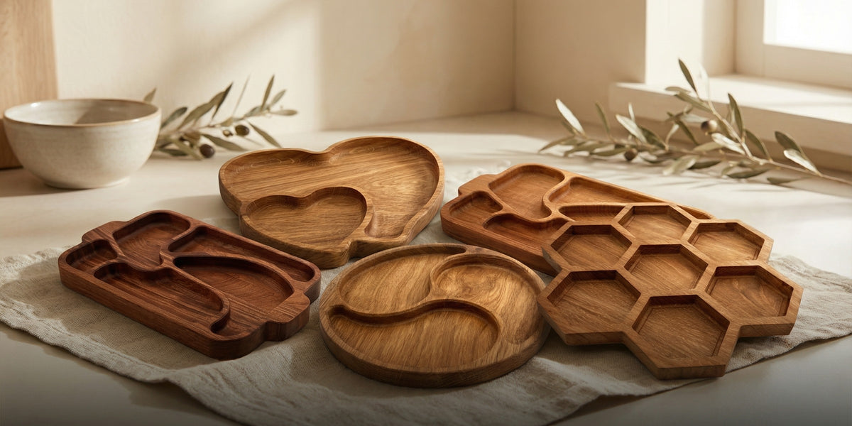 Set of wooden trays with different shapes on a light surface.