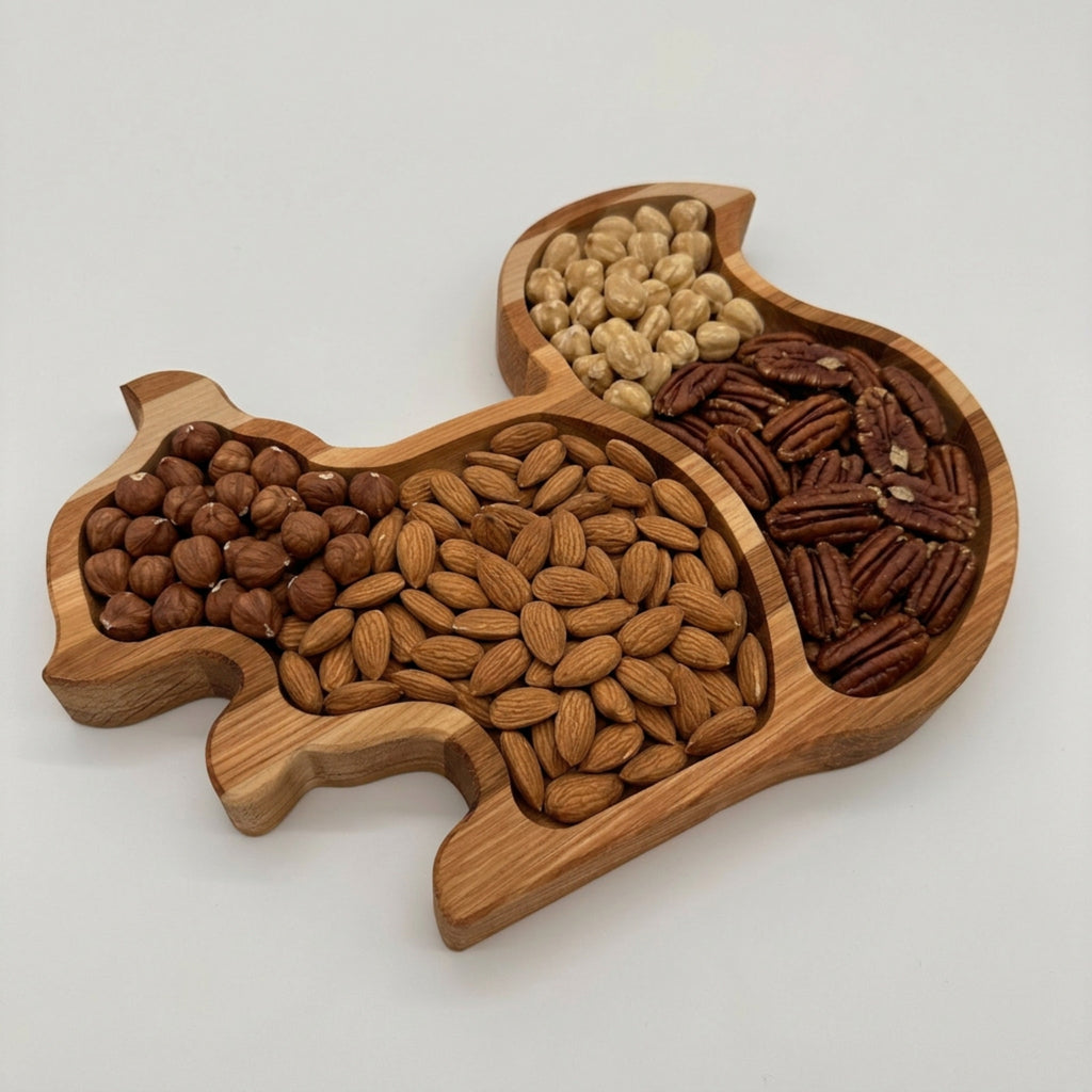 Wooden tray shaped like a squirrel filled with various nuts on a white background
