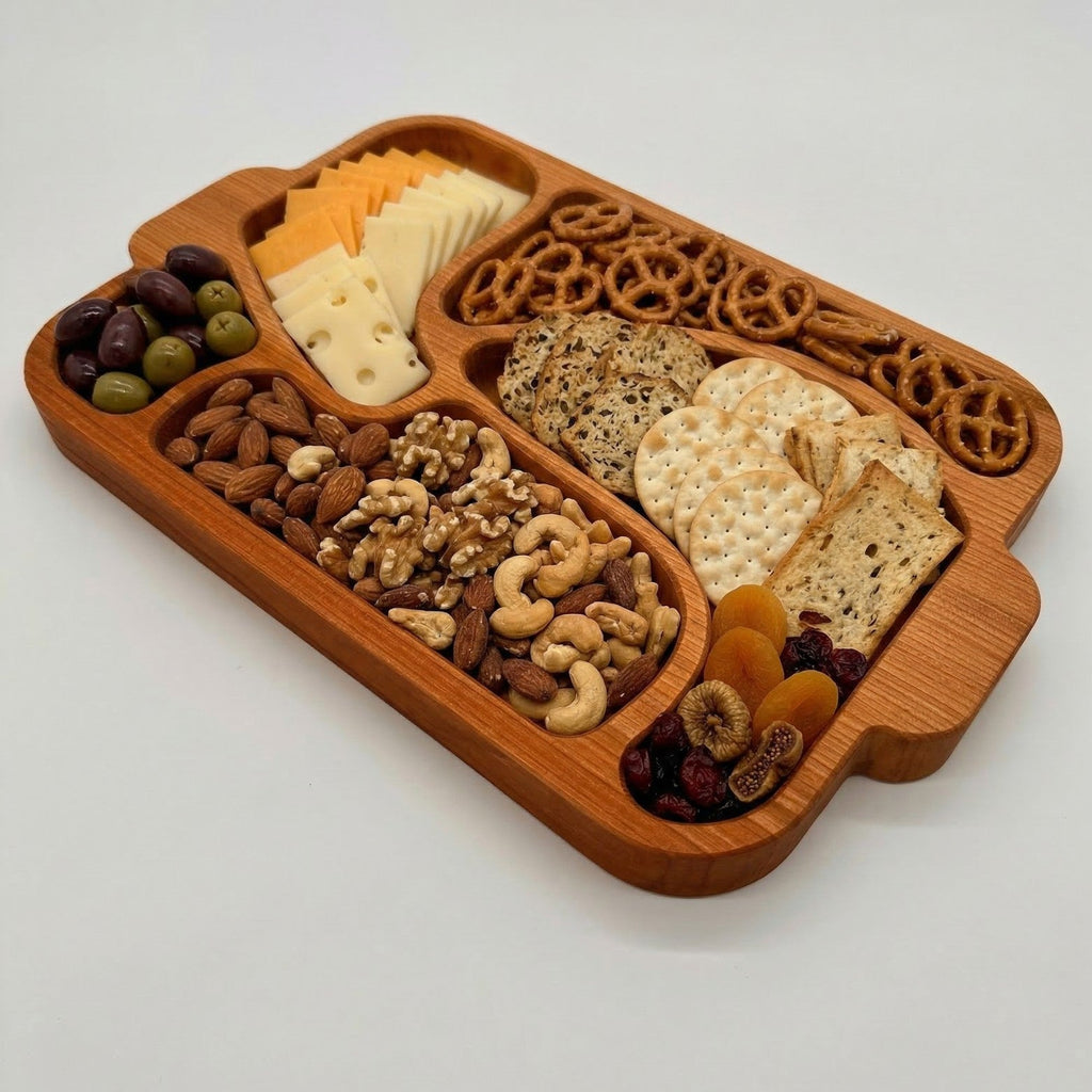 Wooden snack platter with cheese, crackers, nuts, and dried fruits on a white background