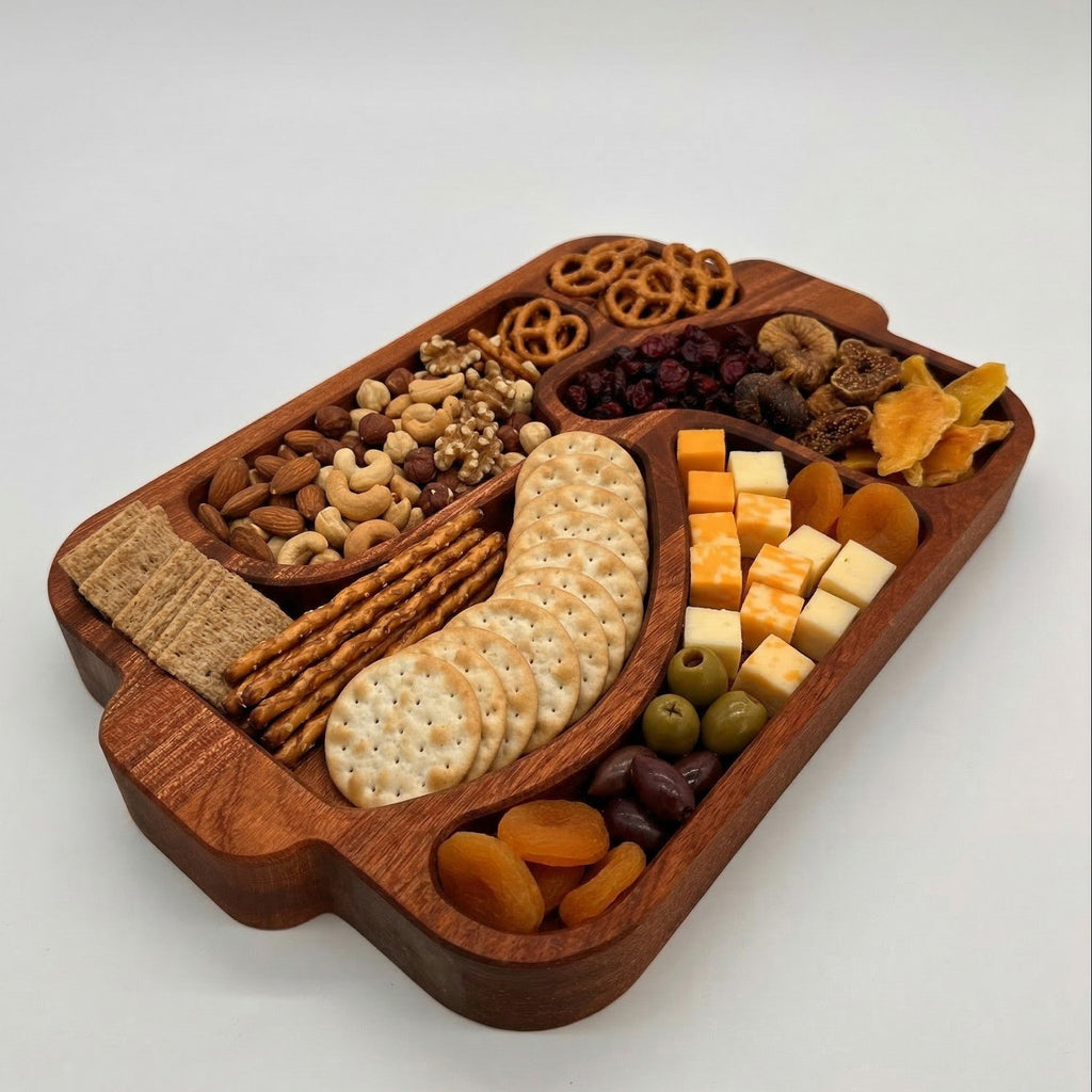 Wooden charcuterie board with a variety of snacks including nuts, crackers, and dried fruits on a white background.