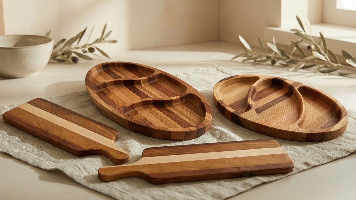 Set of wooden cutting boards on a light surface with greenery in the background